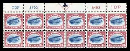 C3, 24c Carmine rose and blue, crisp top margin arrow, two TOP and plate nos. 8493, 8492 block of twelve, well centered overall, fresh colors on bright paper, o.g., hinged in
two top row stamps, others n.h., lacking the flat plate gum creases