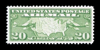 C9, 20c Map, marvelously well centered within uncommonly large margins, strong bright color, o.g., n.h., extremely fine gem 2007 PSE certificate (Superb 98 SMQ
$275.00).