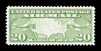 C9, 20c Map, gem mint single, perfectly balanced margins all around, strong color and impression, immaculate o.g., n.h., superb 2004 PSE certificate (Superb 98 SMQ
$265.00).
