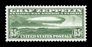 C13, 65c Graf Zeppelin, essentially perfect centering within uncharacteristically large margins, rich bright color, o.g., faint trace of hinging, an extremely fine gem 2004 PSE
certificate (Superb 98 SMQ $420.00).