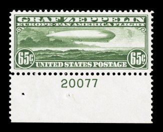 C13, 65c Graf Zeppelin, an especially handsome bottom margin plate no. 20077 single, marvelously well centered within uncommonly large margins, exceedingly fresh color and
paper, o.g., n.h., extremely fine gem 2007 PF certificate (XF-Superb 95