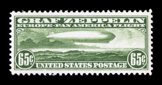 C13, 65c Graf Zeppelin, excellent centering amid uncharacteristically large margins, bright color on pristine white paper, fresh clean o.g., n.h., extremely fine and choice
2007 PF certificate (XF-Superb 95 SMQ $930.00).