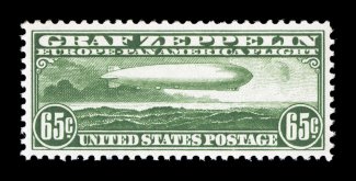C13, 65c Graf Zeppelin, very well centered within large margins, extraordinarily bright and fresh, pristine o.g., n.h., extremely fine 2007 PSE certificate (XF 90 SMQ
$645.00).