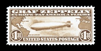 C14, $1.30 Graf Zeppelin, an highly select mint single, with extravagantly large margins all around and being remarkably well centered within them, deep luxuriant color,
pristine o.g. without a single gum bend or skip, n.h., an extremely fine ge