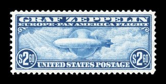 C15, $2.60 Graf Zeppelin, a magnificent mint example that is one of the finest $2.60 Graf Zeppelins we have ever offered in our auctions, as this stamp boasts mathematically
precise centering amid extraordinarily large margins, lovely fresh