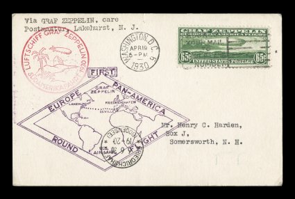 C13, 65c Graf Zeppelin, tied to flown first day card by Washington, D.C.Apr 191930 machine cancel, stamp is fresh and attractive, held over to be flown on the return flight
from Lakehurst to Friedrichshafen, German and U.S. flight cachet