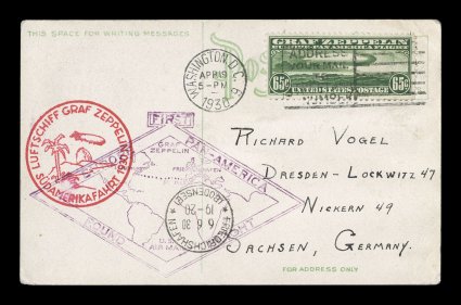 C13, 65c Graf Zeppelin, well centered single tied to flown first day view card by Washington, D.C.Apr 191930 machine cancel, flown on the return flight from Lakehurst to
Friedrichshafen and addressed to Germany, German and U.S. flight ca