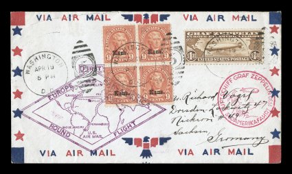 C14, $1.30 Graf Zeppelin, well centered stamp tied to flown first day cover along with 9c Kans. overprinted block of four by WashingtonD.C.Apr. 191930 duplex handstamp cancels,
addressed to Germany so held over to be flown on the retu