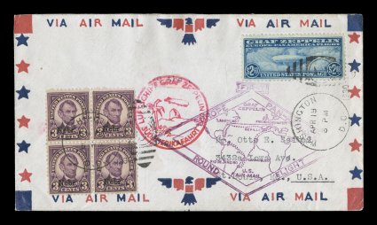 C15, $2.60 Graf Zeppelin, well centered and margined single tied to flown first day cover along with 3c Nebr overprinted block of four by Washington, D.C.Apr 191930 duplex
handstamp cancels, appropriate German and U.S. flight cachets,