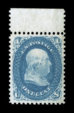63, 1c Blue, a superlative top sheet-margin single, possessing exceptional overall physical characteristics that rarely converge on a single copy, including being impeccably
well centered amid much larger margins than typically encountered on th