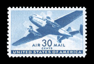 C30, 30c Blue, absolutely perfect centering amid wide margins, brilliantly rich color, o.g., n.h., superb 2007 PSE certificate (Gem 100 SMQ $540.00) one of only four stamps to
receive this grade, the highest for any stamp in the series.