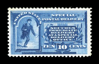 E1, 10c Blue, well centered within very large margins, strong color and impression, o.g., faintly hinged, tiny toned spot in top margin, otherwise very fine clear 1984 PF
certificate.