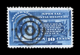 E1, 10c Blue, used, excellent centering within exceptionally large margins, strong color and impression, neat target cancel, extremely fine 1988 PF certificate and a 2007 PSE
certificate (VF-XF 85 Jumbo -far too conservative in our opinion SMQ