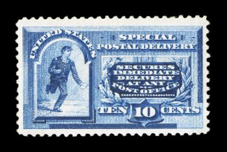 E2, 10c Blue, excellent centering within large margins, warm color, o.g., n.h., light natural gum crease, extremely fine clear 1991 PF certificate.