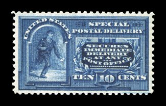 E5, 10c Blue, exceptionally well centered and margined, rich luxuriant color and a deeply etched impression, o.g., barest trace of hinging (if any), extremely fine 1991 PF
certificate (never hinged by omission).
