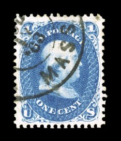 63, 1c Blue, an eye-catching used example, with spectacularly rich color and a highly detailed impression on immaculate white paper, exceedingly well centered within large
margins, marvelously cancelled by a neatly struck 1863 year date pmk., ex