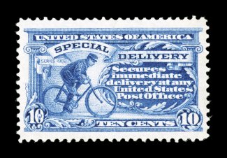E6, 10c Ultramarine, marvelously well centered within extravagantly large margins which are most uncommon on this stamp, lovely fresh color on bright white paper, o.g., very
lightly hinged, extremely fine.