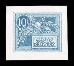 E7-E4 var, 10c Green blue woodcut essay on yellowish wove card, Type II, with frame lines and bluish green background colored in, including thin vertical lines in text, palette
and circle surrounding 10, very large and even margins, extremely