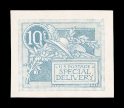 E7-E4 var, 10c Green blue woodcut essay on yellowish wove card, Type IV, without frame lines, but with faint bluish green background colored in, including thin vertical lines
in the text, palette and circle surrounding 10, large balanced margi