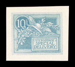 E7-E4 var, 10c Green blue woodcut essay on yellowish wove card, Type IV, without frame lines, but with bluish green background colored in, including thin vertical lines in
text, palette and circle surrounding 10, large even margins, extremely