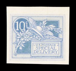 E7-E4 var, 10c Light violet woodcut essay on yellowish wove card, Type IV, without frame lines, but with bluish green background colored in, including thin vertical lines in
text, palette and circle surrounding 10, large margins, extremely fin