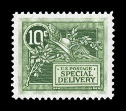 E7, 10c Green, exceptionally well centered within large margins, bright fresh color, unblemished o.g., n.h., extremely fine 2007 PSE certificate (XF 90 SMQ
$350.00).