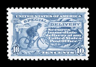 E10, 10c Pale ultramarine, excellent centering within enormously large margins, marvelously fresh color on immaculate white paper, unblemished o.g., n.h., extremely fine 1980
PF certificate and a 2007 PSE certificate (XF 90 Jumbo SMQ $1,250.00