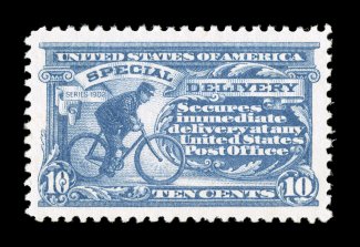 E11, 10c Ultramarine, exceedingly large and well balanced margins all around, sumptuously rich color and a strong detailed impression on brilliantly white paper, o.g., n.h., an
extremely fine gem 2007 PSE certificate (XF-Superb 95 SMQ $270.00)