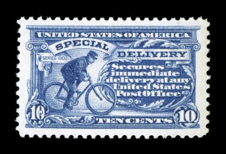 E11, 10c Ultramarine, excellent centering within uncommonly wide margins, strong color, o.g., n.h., extremely fine 2007 PSE certificate (XF-Superb 95 SMQ
$270.00).
