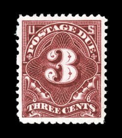 J33, 3c Deep claret, marvelously fresh and crisp, intense rich color, near perfect centering, o.g., n.h., extremely fine 1997 PF certificate ex-Lessin.