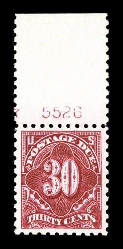 J57, 30c Carmine lake, impressive top margin plate no. 5526 single, wonderfully well centered within uncharacteristically large margins, deep luxuriant color and a prooflike
impression on brilliantly white paper, o.g., n.h., extremely fine 1987