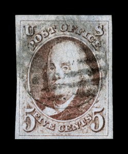 1, 5c Red brown, choice used single, with four large to extra-large margins, rich color and a detailed impression, scarce central black grid cancel, extremely fine 1996 PF
certificate.