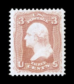 65, 3c Rose, post office fresh mint single, with lovely fresh color on crisp white paper, exceptionally well centered within especially wide margins, o.g., never hinged,
extremely fine 2006 PSE certificate (XF 90 SMQ $1,050.00).