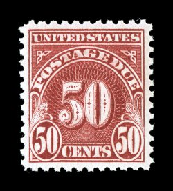 J76, 50c Carmine, an outstanding mint example of this key value, being impeccably well centered within exceedingly large margins which are rarely encountered on this normally
tightly-margined stamp, strong rich color and a sharp impression, bril