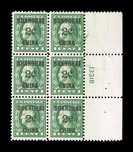 K1, 2c on 1c Green, full right margin plate no. 13318 block of six, incredibly deep luxuriant color on bright white paper, rather well centered for this, o.g., lightly hinged
in the two right row stamps, the other four are n.h., fine-very fine