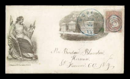 65, 3c Rose, tied to two-part Charles Magnus patriotic in bronze with Seated Female at left and the U.S. Patent Office at right, stamp tied by blue NorfolkVaNov 6 63 duplex,
posted to Herman, N.Y., includes enclosure datelined Fort Kingsferr