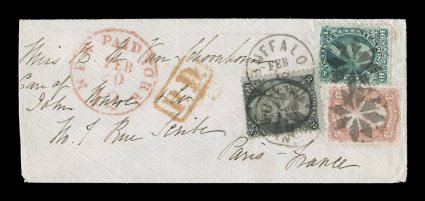 65, 68, 73, 3c Rose, 10c Yellow green and 2c Black, all tied by neatly struck rosette cancels on small 1867 cover to France, 2c also tied by Buffalo, N.Y. c.d.s., red New York
Paid c.d.s, France backstamp, cover just slightly reduced at left, ve