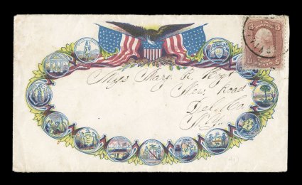65, 3c Rose, well centered and fresh single tied by c.d.s. on patriotic cover The Original Thirteen to New Road, N.Y., cover has a tiny tear, otherwise quite fresh and very
fine.