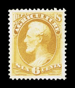 O4, 6c Agriculture, an extraordinary quality mint example, featuring not only outstanding centering amid lavishly large margins, but its color could not be more vibrant on
uncommonly bright paper, unusually clean full o.g., relatively lightly hi