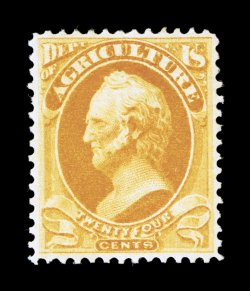 O8, 24c Agriculture, beautiful color that is incredibly deep and luxuriant, intense impression as well, excellent centering, o.g., lightly hinged, extremely fine 1998 PF
certificate.