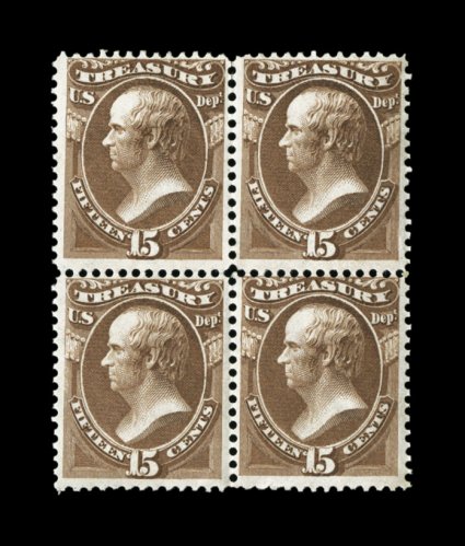 O79, 15c Treasury, mint block of four, deep rich color on bright paper, full o.g., barely hinged in the top pair, bottom pair never hinged, fine centering and
scarce.