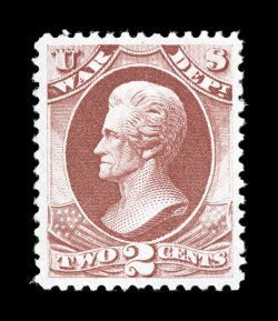 O84, 2c War, a marvelous mint example, being impeccably well centered amid uncommonly large margins, gorgeous rich color and a razor-sharp impression on brilliantly white
paper, o.g., faint trace of hinging, an extremely fine gem with outstandin