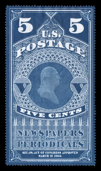 PR1, 5c Dark blue, without gum as issued, choice quality example, marvelously well centered within large margins, deep intense color on bright white paper, extremely fine a
difficult stamp to find in this premium condition 2007 PSE certificate