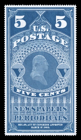 PR5, 5c Dull blue reprint, without gum as issued, a gem example of this reprint, remarkably well centered within large margins, marvelously bright and fresh, extremely fine and
choice.