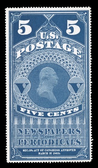 PR8, 5c Dark blue, without gum as issued, deep rich color and impression, well centered within large margins, a very fine example of this scarce newspaper
stamp.