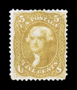 67, 5c Buff, a rarely offered mint single, strong rich color, large part o.g., a few short perfs. (not mentioned on the accompanying certificate), trivial corner crease, fine
appearance one of the most difficult 19th century stamps to find with