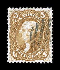 67, 5c Buff, an especially handsome used example that is incredibly well centered and margined, with the perforations clear of the design all around (a rare occurrence on this
stamp), gorgeous rich color and an unusually strong impression, light