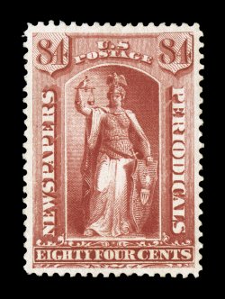 PR69, 84c Red, premium quality mint single, wonderfully well centered amid exceptionally large margins, deep luxuriant color and a sharp detailed impression, full o.g.,
extremely fine an especially choice newspaper stamp encapsulated PSE certi