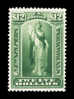 PR75, $12.00 Yellow green, a remarkable quality mint single that is extraordinarily well centered within lavishly large margins, intense prooflike color and impression, perhaps
most impressive is the reverse, sporting flawless o.g. that is nev