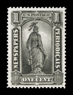 PR90, 1c Intense black, an exceedingly fresh and choice example of this newspaper stamp, being remarkably bright and fresh, exceptionally well centered within extravagantly
large margins, o.g., n.h. (quite scarce thus), extremely fine 2005 PF c